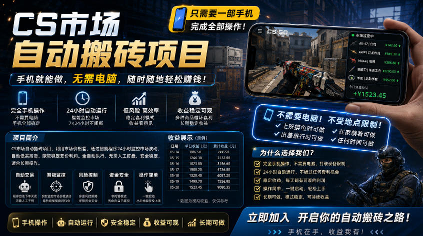 手机即可操作的CS市场自动搬砖系统｜自动监控｜自动下单|日入300 【揭秘】
