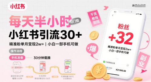 每天半小时小红书引流30 ，精准粉单月变现2w ，小白新手一部手机可做，今天5分钟硬核实操