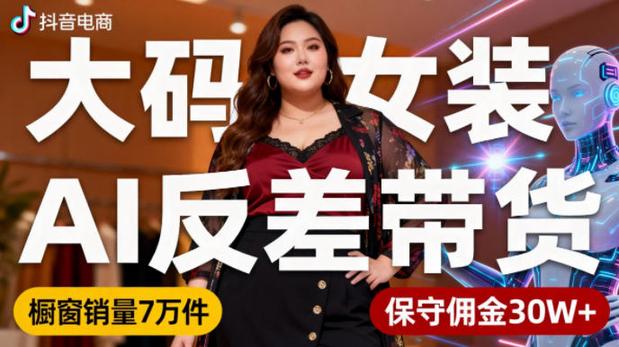 抖音小众赛道，大码女装AI反差带货，不用直播，每天6条作品，橱窗卖7万件，保守佣金30W 