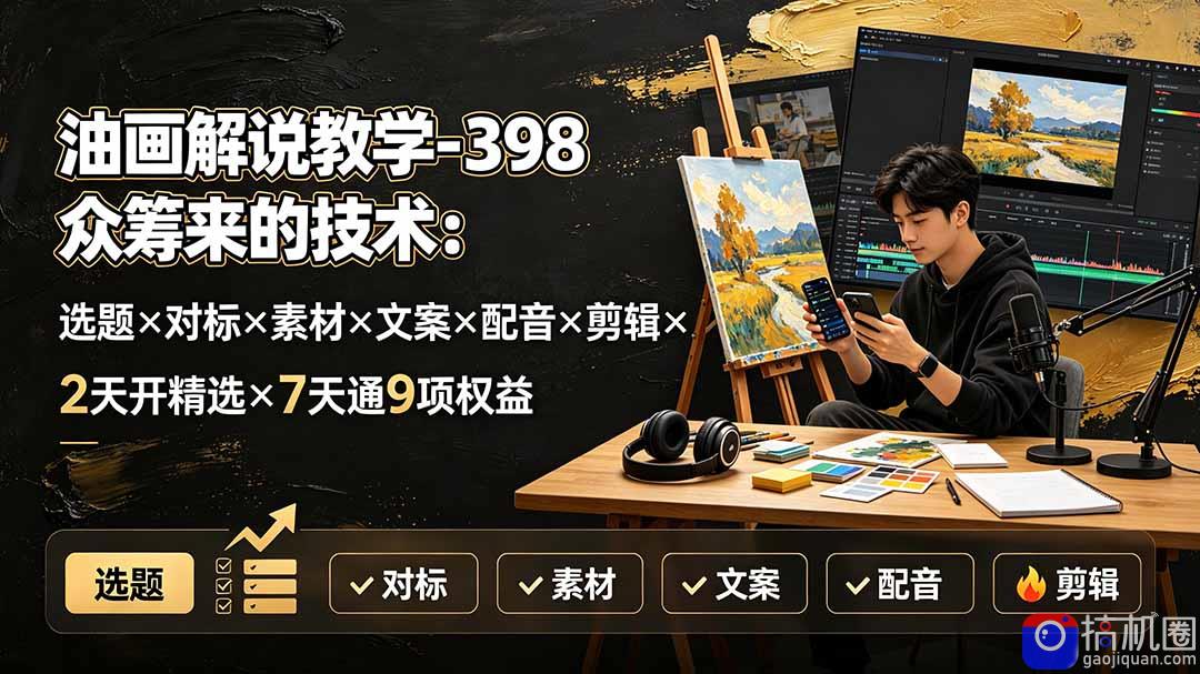 油画解说教学-398众筹来的技术:选题×对标×素材×文案×配音×剪辑×2天开精选×7天通9项权益