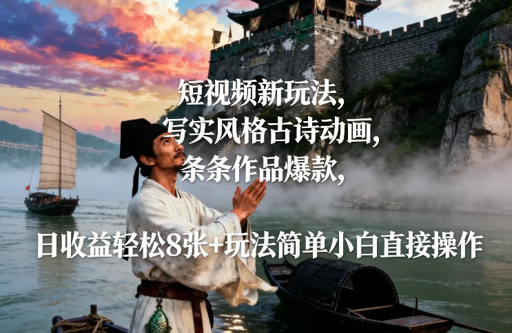 短视频新玩法，写实风格古诗动画，条条作品爆款，日收益轻松8张 玩法简单小白直接操作