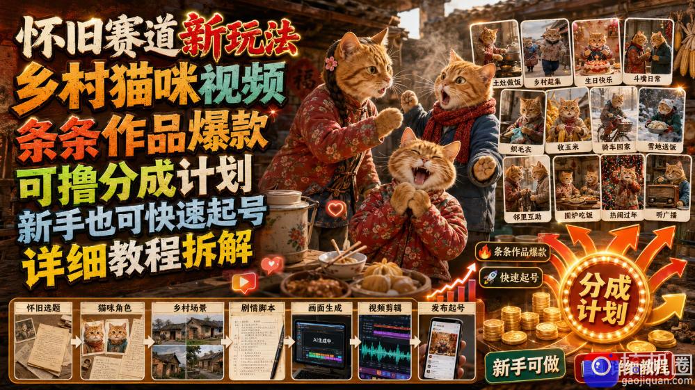 怀旧赛道新玩法，乡村猫咪视频，条条作品爆款，可撸分成计划，新手也可快速起号，详细教程拆解