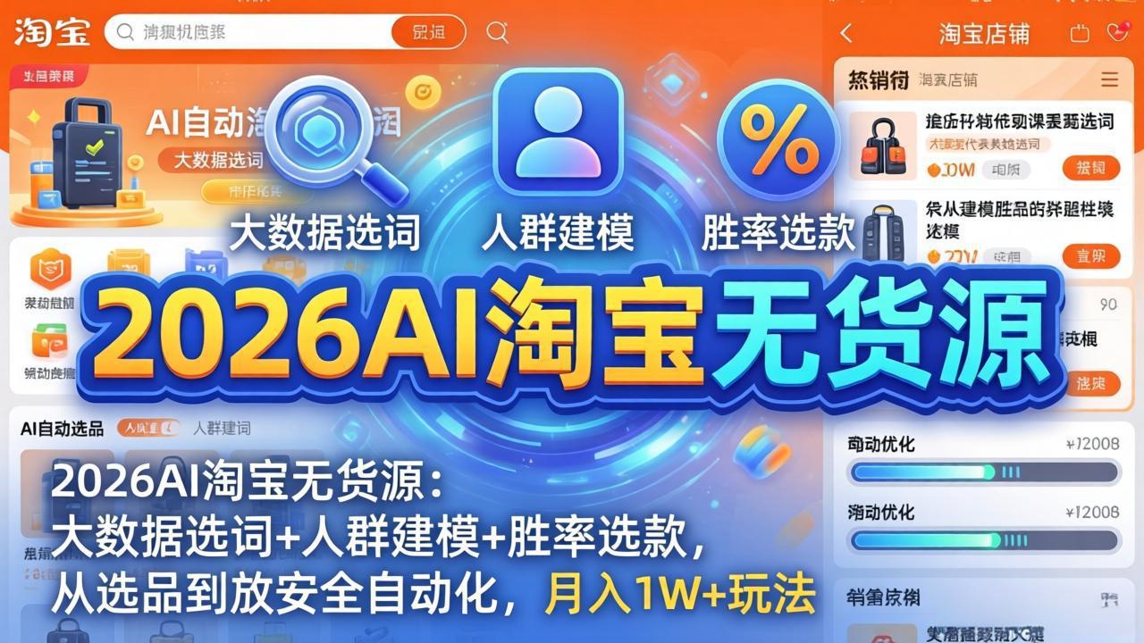 2026AI淘宝无货源-4月更新:大数据选词 人群建模 胜率选款,从选品到放大全自动化,月入1W 玩法