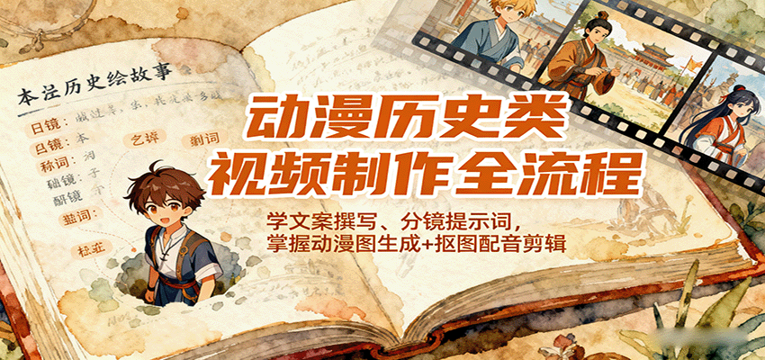 动漫历史类视频制作全流程,学文案撰写、分镜提示词,掌握动漫图生成 抠图配音剪辑