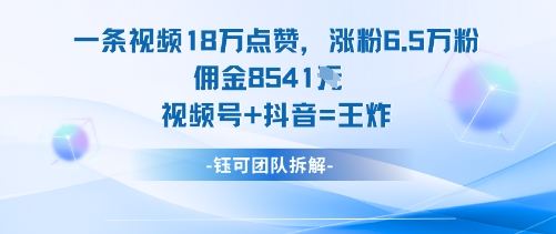 一条视频18W点赞，涨粉6.5W粉佣金8541米，视频号 抖音=王炸