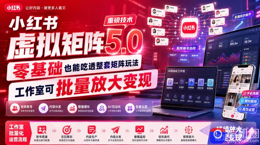 小红书虚拟矩阵5.0重磅技术,零基础也能吃透整套矩阵玩法,工作室可批量放大变现