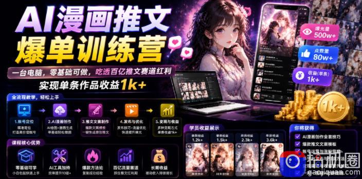 AI漫画推文爆单训练营，一台电脑，零基础可做，吃透百亿推文赛道红利，实现单条作品收益1k 
