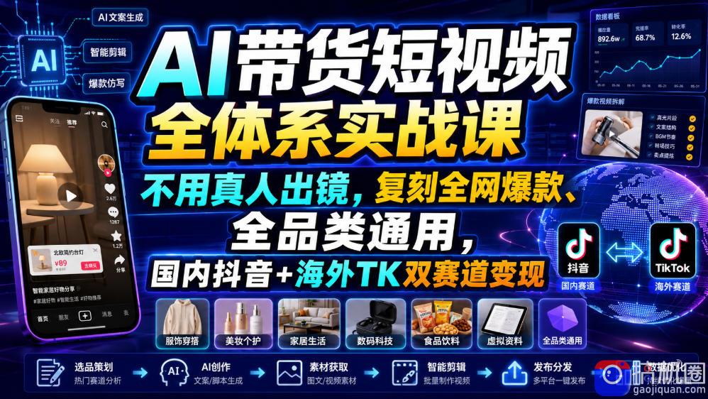 AI带货短视频全体系实战课，不用真人出镜，复刻全网爆款、全品类通用，国内抖音 海外TK双赛道变现
