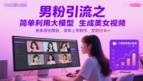 男粉引流之简单利用大模型生成美女视频，条条原创爆款，简单上传制作，变现日1k 