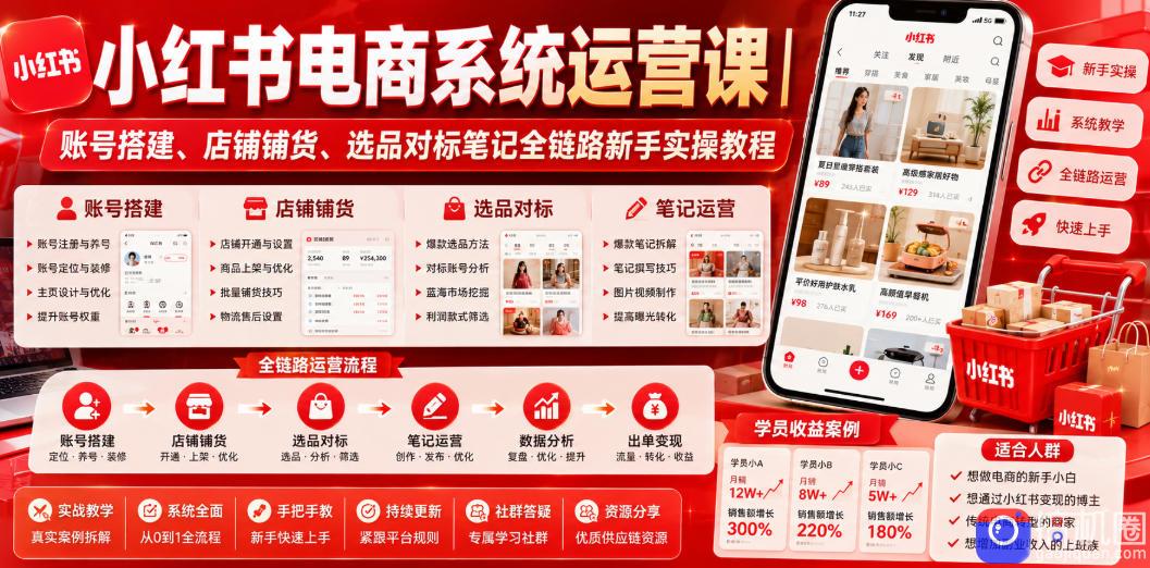 小红书电商系统运营课|账号搭建、店铺铺货、选品对标笔记全链路新手实操教程