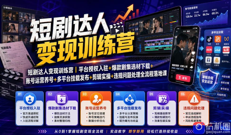 短剧达人变现训练营｜平台授权入驻 爆款剧集选材下载 账号运营养号 多平台挂载发布 剪辑实操 违规问题处理全流程落地课