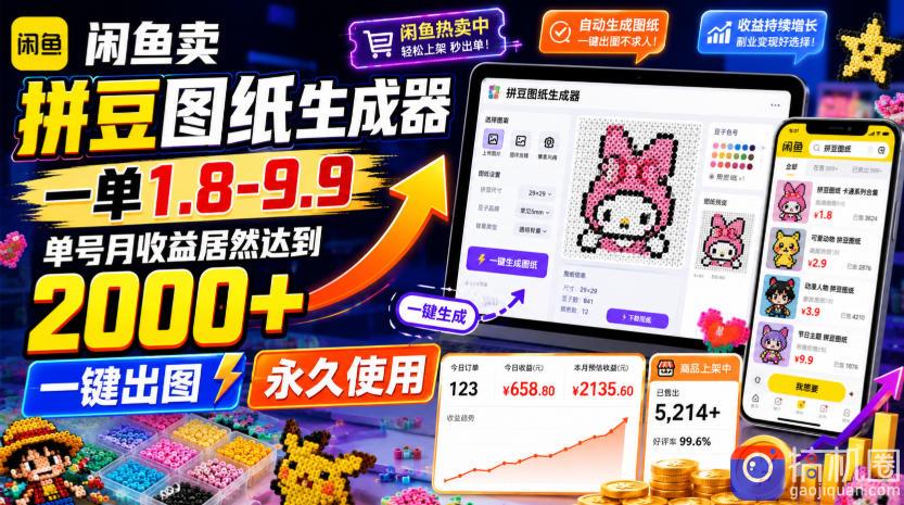 闲鱼卖拼豆图纸生成器，一单1.8-9.9，单号月收益居然达到2000 一键出图永久使用