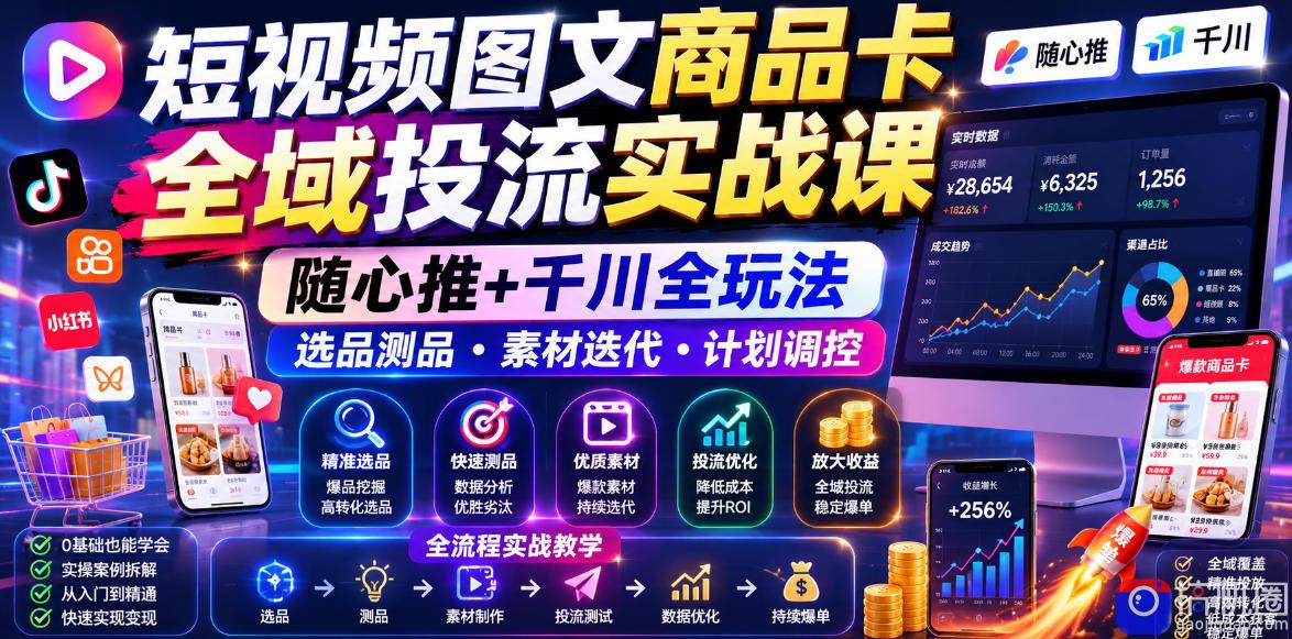短视频图文商品卡全域投流实战课,随心推 千川全玩法,选品测品・素材迭代・计划调控,提升ROI爆单增收教程