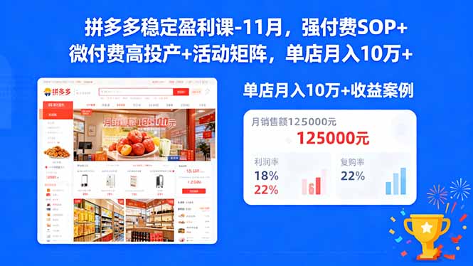 拼多多稳定盈利课-11月,强付费SOP 微付费高投产 活动矩阵,单店月入10万