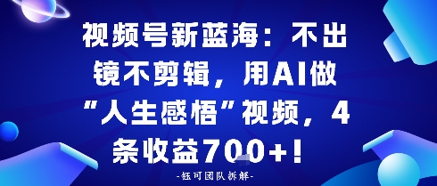 视频号新蓝海：不出镜不剪辑，用AI做“人生感悟”视频，4条收益7张