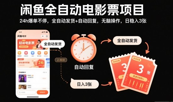 闲鱼全自动电影票项目，24h爆单不停，全自动发货 自动回复，无脑操作，日稳入3张【揭秘】