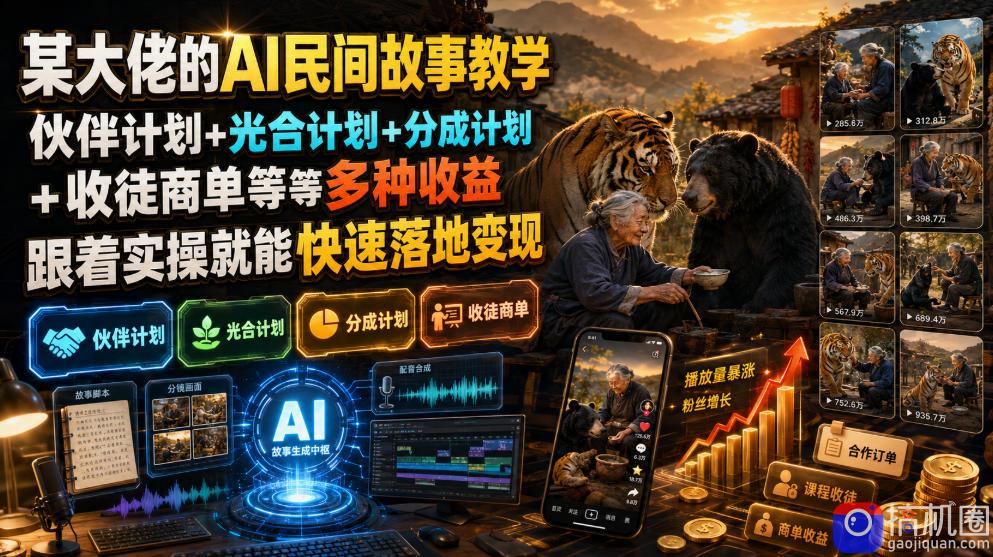 某大佬的AI民间故事教学,伙伴计划 光合计划 分成计划 收徒商单等多种收益,跟着实操就能快速落地变现