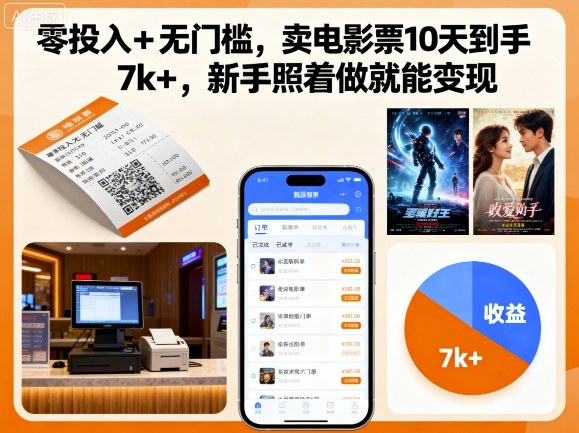 零投入 无门槛，卖电影票10天到手7k ，新手照着做就能变现【揭秘】