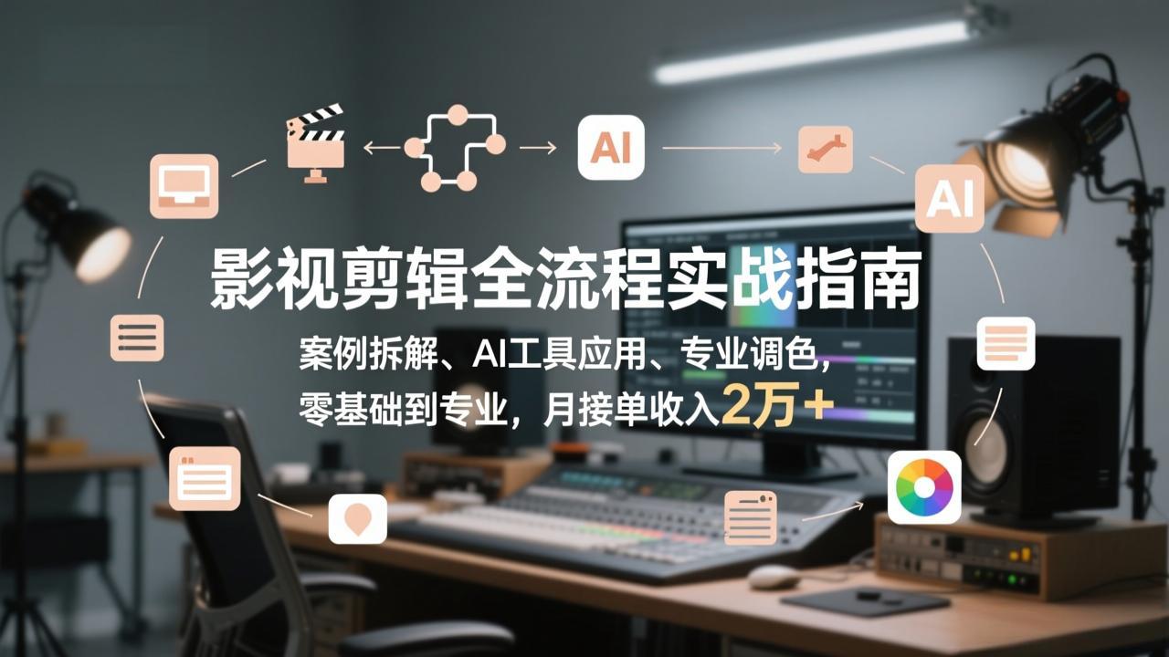 影视剪辑全流程实战指南，案例拆解、AI工具应用、专业调色，零基础到专业，月接单收入2万 