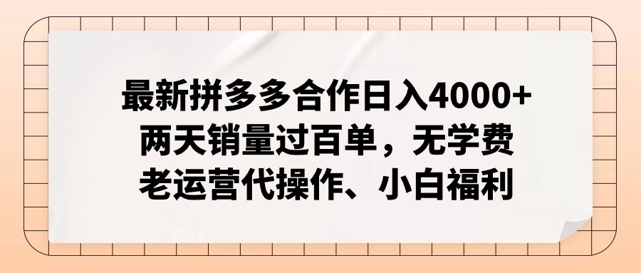 (12869期)拼多多最新合作日入4000 两天销量过百单,无学费、老运营代操作、小白福利