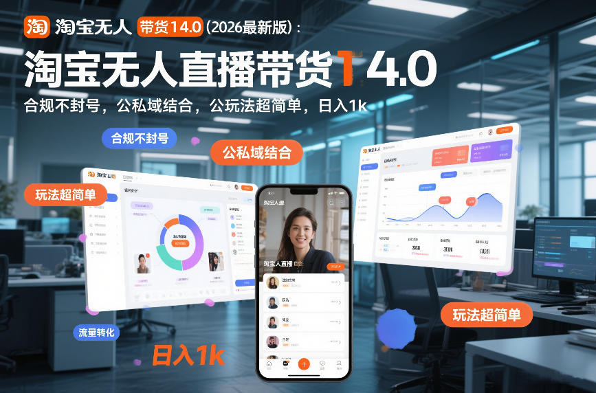 淘宝无人直播带货14.0（2026最新版）：合规不封号，公私域结合，玩法超简单，日入1k 【揭秘】