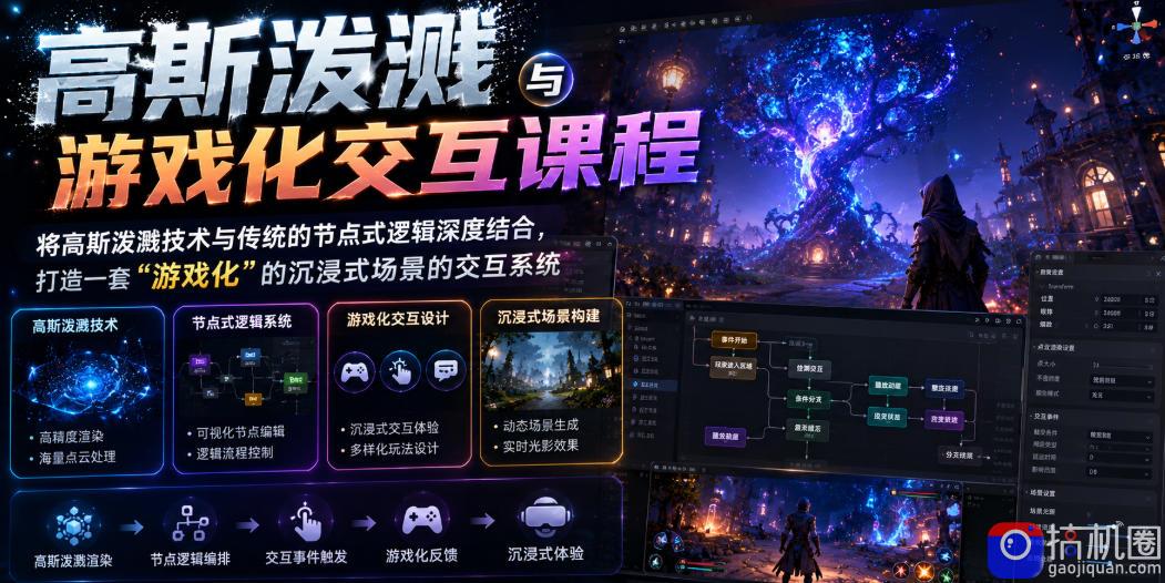 高斯泼溅与游戏化交互课程，将高斯泼溅技术与传统的节点式逻辑深度结合，打造一套“游戏化”的沉浸式场景的交互系统