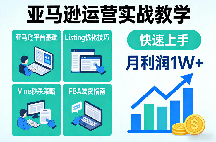 亚马逊运营实战教学，亚马逊平台 Listing优化 Vine秒杀 FBA发货等，快速上手，实现店铺月利润1W