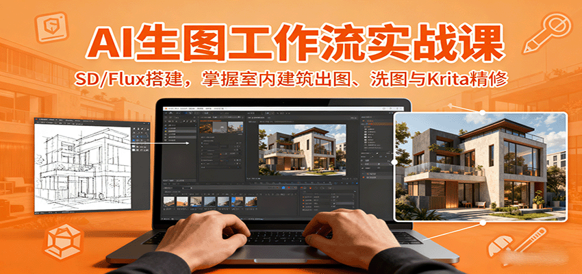 AI生图工作流实战课:SD/Flux搭建,掌握室内建筑出图、洗图与Krita精修