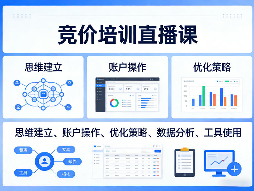 竞价培训直播课，覆盖思维建立、账户操作、优化策略、数据分析、工具使用等，全方位提升效果