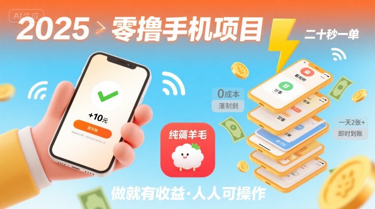 2025年零撸手机项目，二十秒一单，纯薅羊毛 一天2张 做就有【揭秘】