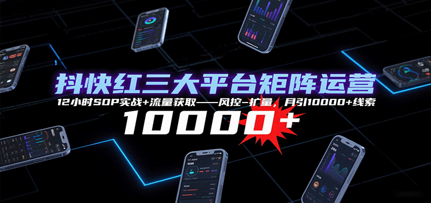 抖快红三大平台矩阵运营，12小时SOP实战 流量获取-风控-扩量，月引10000 线索