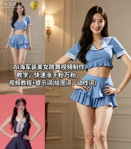AI海军装美女跳舞视频制作教学，快速涨千粉万粉，视频教程 提示词(绘图词、动作词)