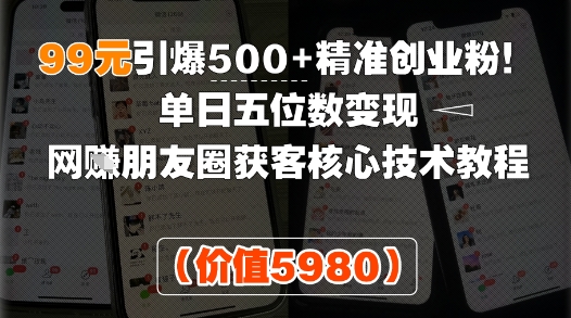 99元引爆500 精准创业粉！单日五位数变现，网创朋友圈获客核心技术教程