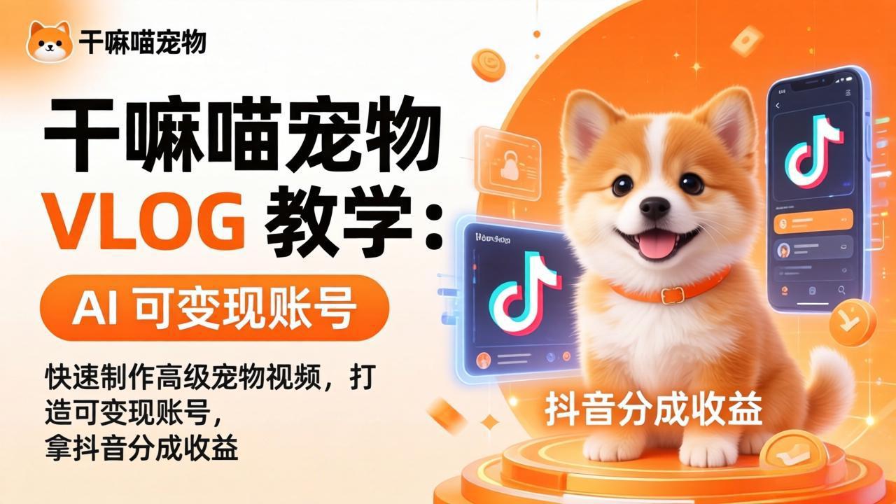 干嘛喵宠物 VLOG 教学:AI 快速制作高级宠物视频,打造可变现账号,拿抖音分成收益