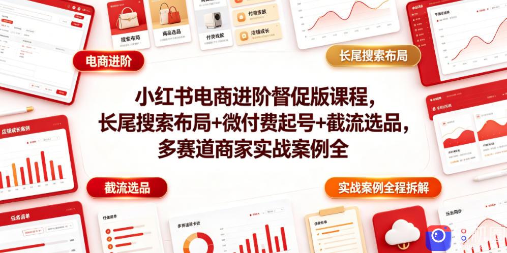 小红书电商进阶督促版课程，长尾搜索布局 微付费起号 截流选品，多赛道商家实战案例全程拆解
