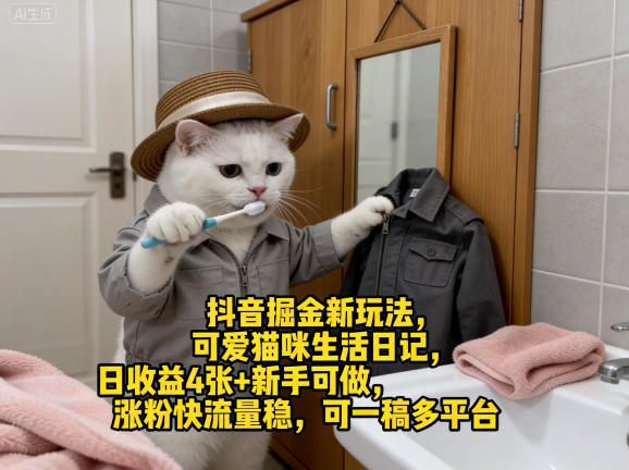 抖音掘金新玩法，可爱猫咪生活日记，日收益4张 新手可做，涨粉快流量稳，可一稿多平台