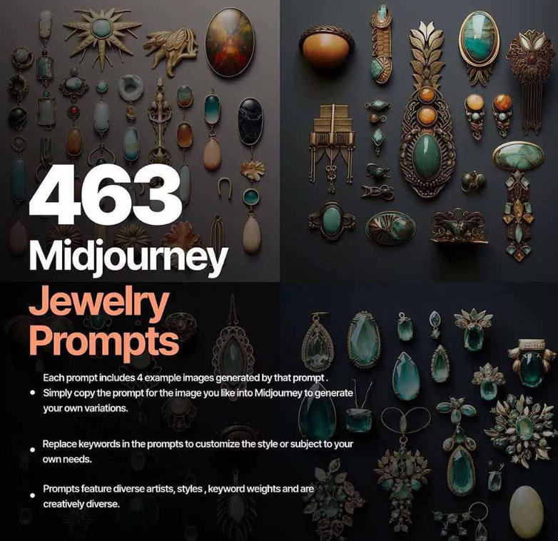 460 专业Midjourney珠宝摄影AI提示词戒指，项链-耳环-手链-宝石等，立即开始创作珠宝艺术