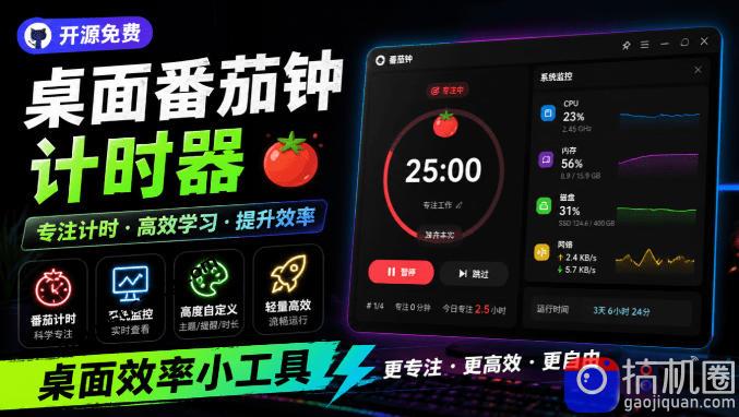 仅1.16MB,开源极简的桌面时钟、番茄钟计时器,还支持系统监控显示,桌面效率小工具Catime