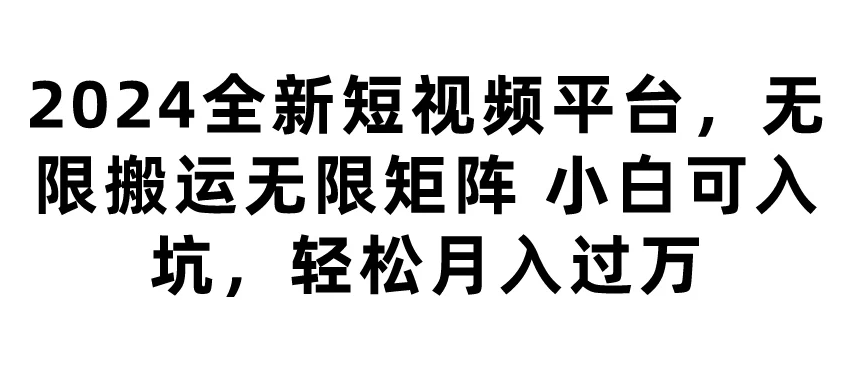 2024全新短视频平台，无限搬运无限矩阵，小白可入坑，轻松月入过万