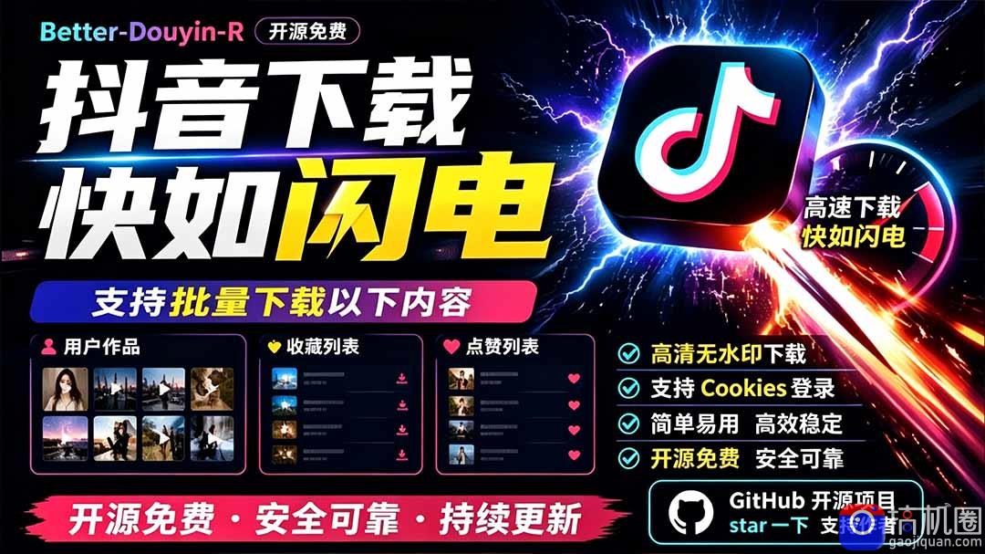 别再乱找了！D音下载快如闪电，支持批量下载用户作品收藏列表和点赞列表，开源免费 Better-douyin-R