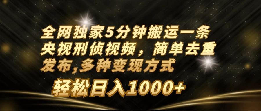 全网独家5分钟搬运一条央视刑侦视频，简单去重发布，多种变现方式，轻松日入1000 