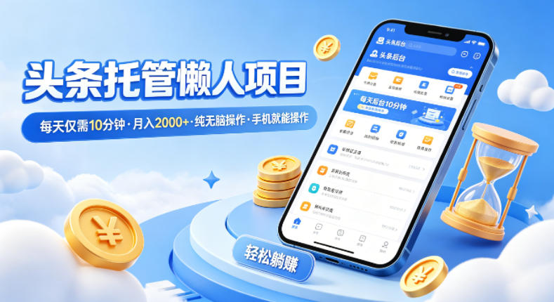 头条托管懒人项目，每天仅需10分钟，月入2000 ，纯无脑操作，手机就能操作【揭秘】