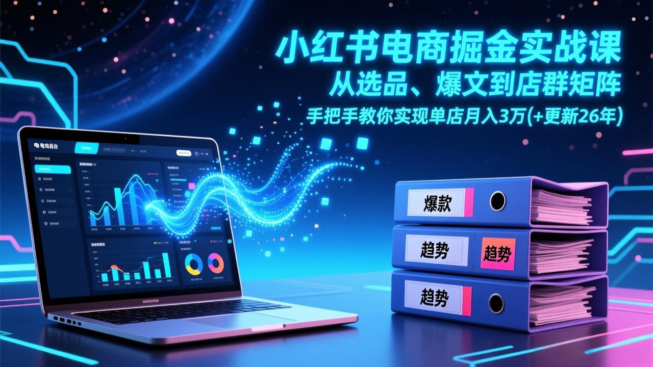 小红书电商掘金实战课，从选品、爆文到店群矩阵，手把手教你实现单店月入3万 (更新26年