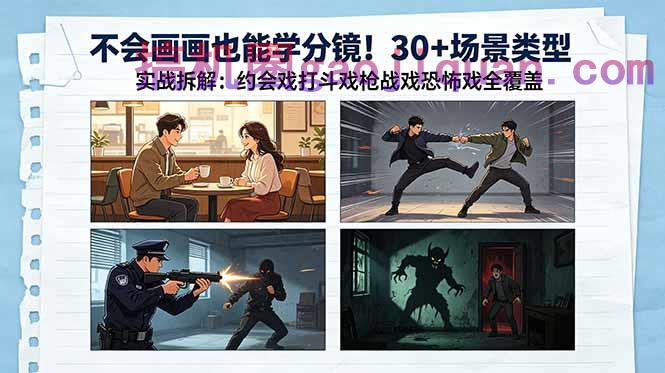 不会画画也能学分镜!30 场景类型实战拆解:约会戏打斗戏枪战戏恐怖戏全覆盖