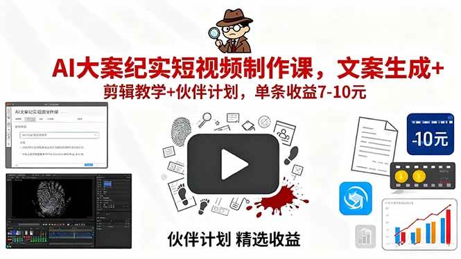 (15992期)AI大案纪实短视频制作课,文案生成 剪辑教学 伙伴计划,单条收益7-10元