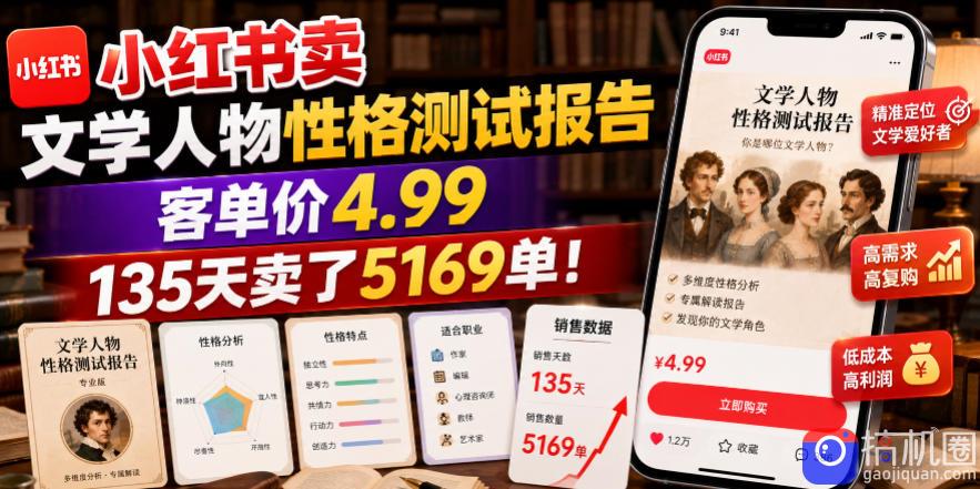小红书卖文学人物性格测试报告,客单价4.99,135天卖了5169单!