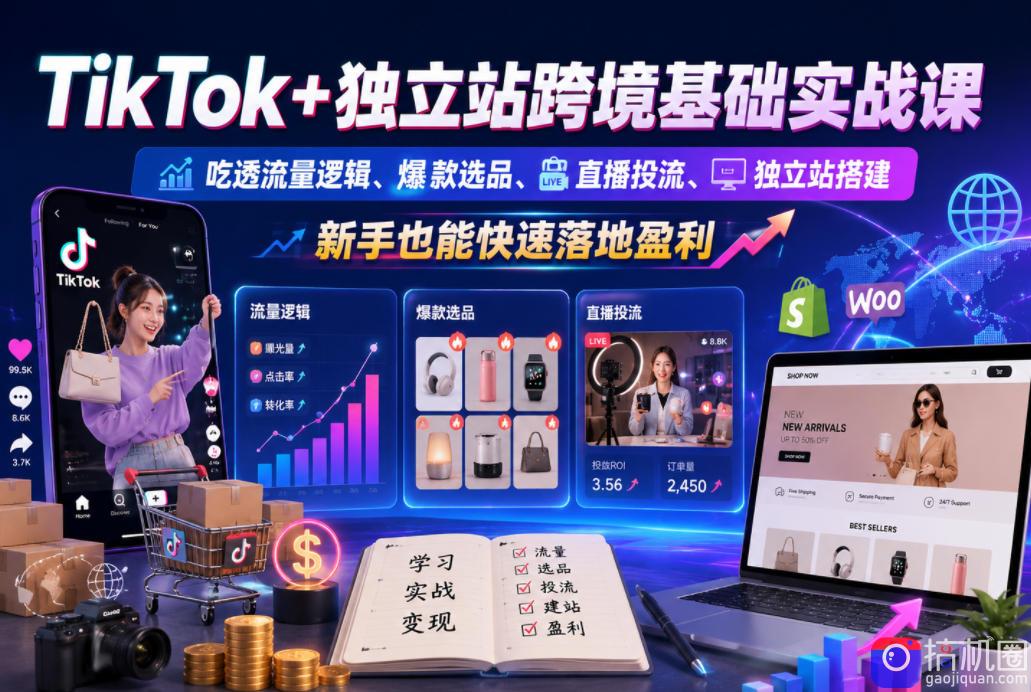 TikTok 独立站跨境基础实战课，吃透流量逻辑、爆款选品、直播投流与独立站搭建，新手也能快速落地盈利