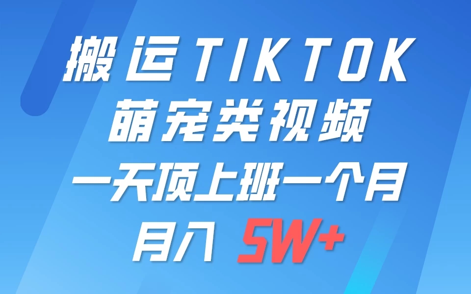 搬运tiktok萌宠视频，一部手机可做，项目长期稳定，月入5W 