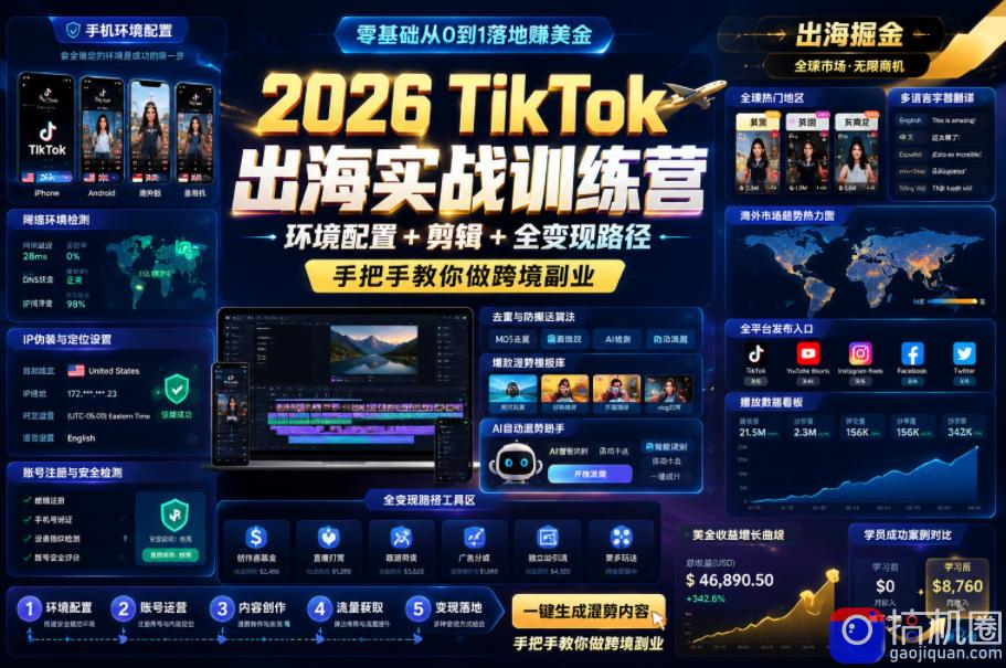 2026 TikTok出海实战训练营,环境配置 剪辑 全变现路径,手把手教你做跨境副业
