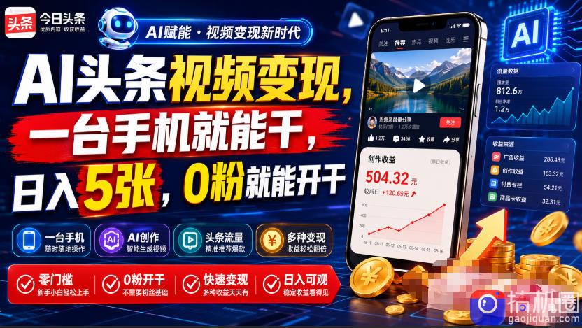 AI头条视频变现，一台手机就能干，日入5张，0粉就能开干